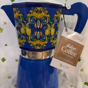 Brandani Blue Italian 9-Cup Coffee Maker with Decorative Lemon Pattern